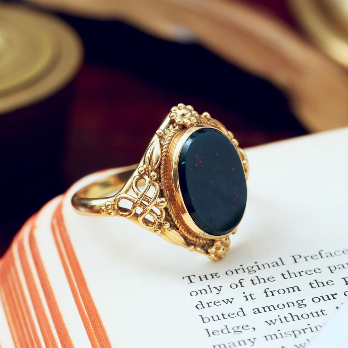 Antique Victorian Arts & Crafts Bloodstone Signet Ring