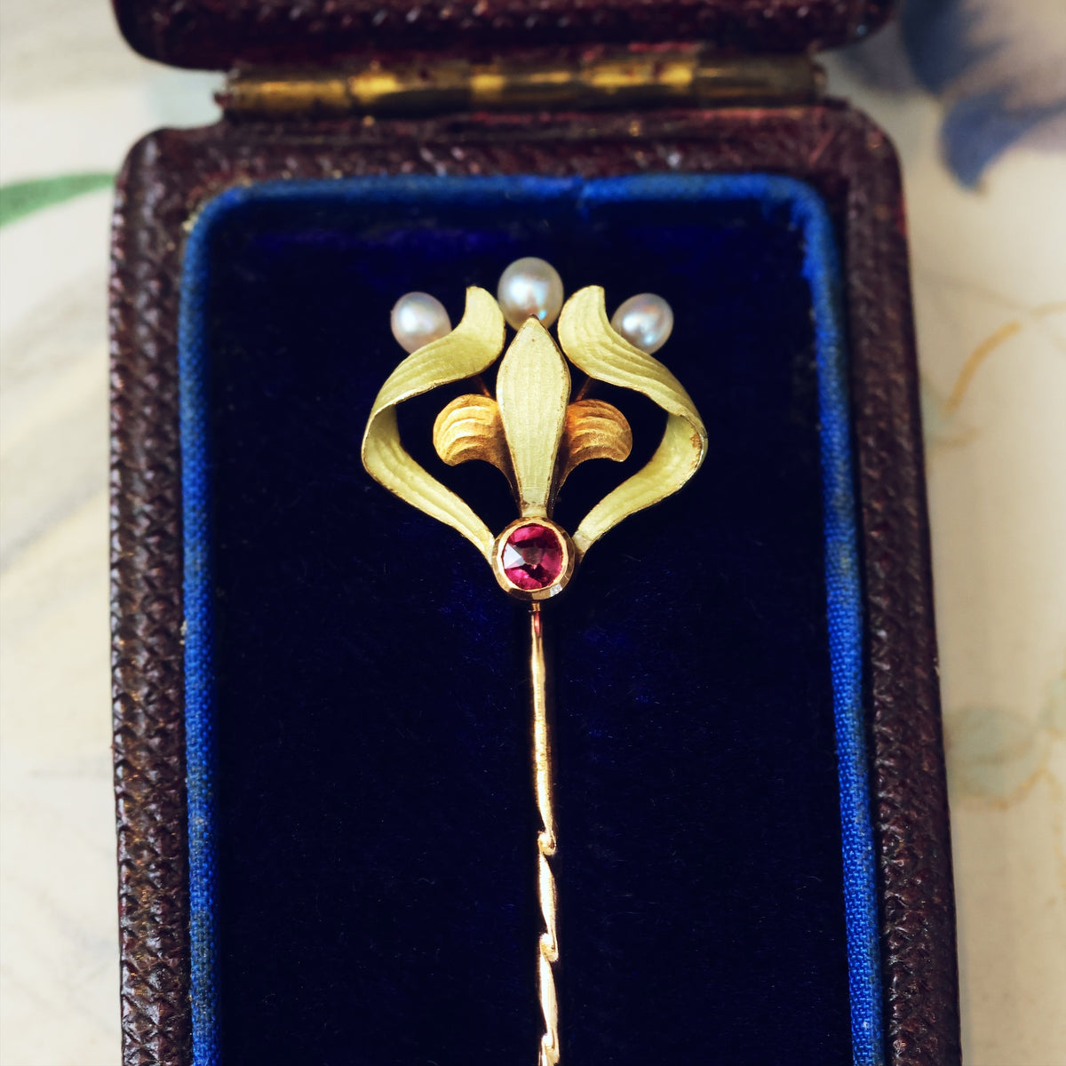 Antique Art Nouveau Enamel & Wild Pearl Stick Pin