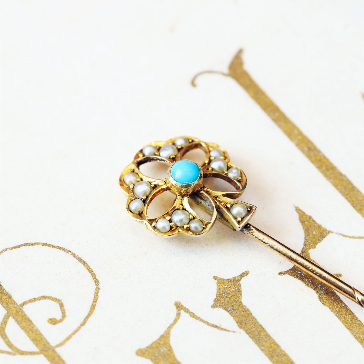 Romantic Antique Victorian Turquoise & Seed Pearl Stick Pin