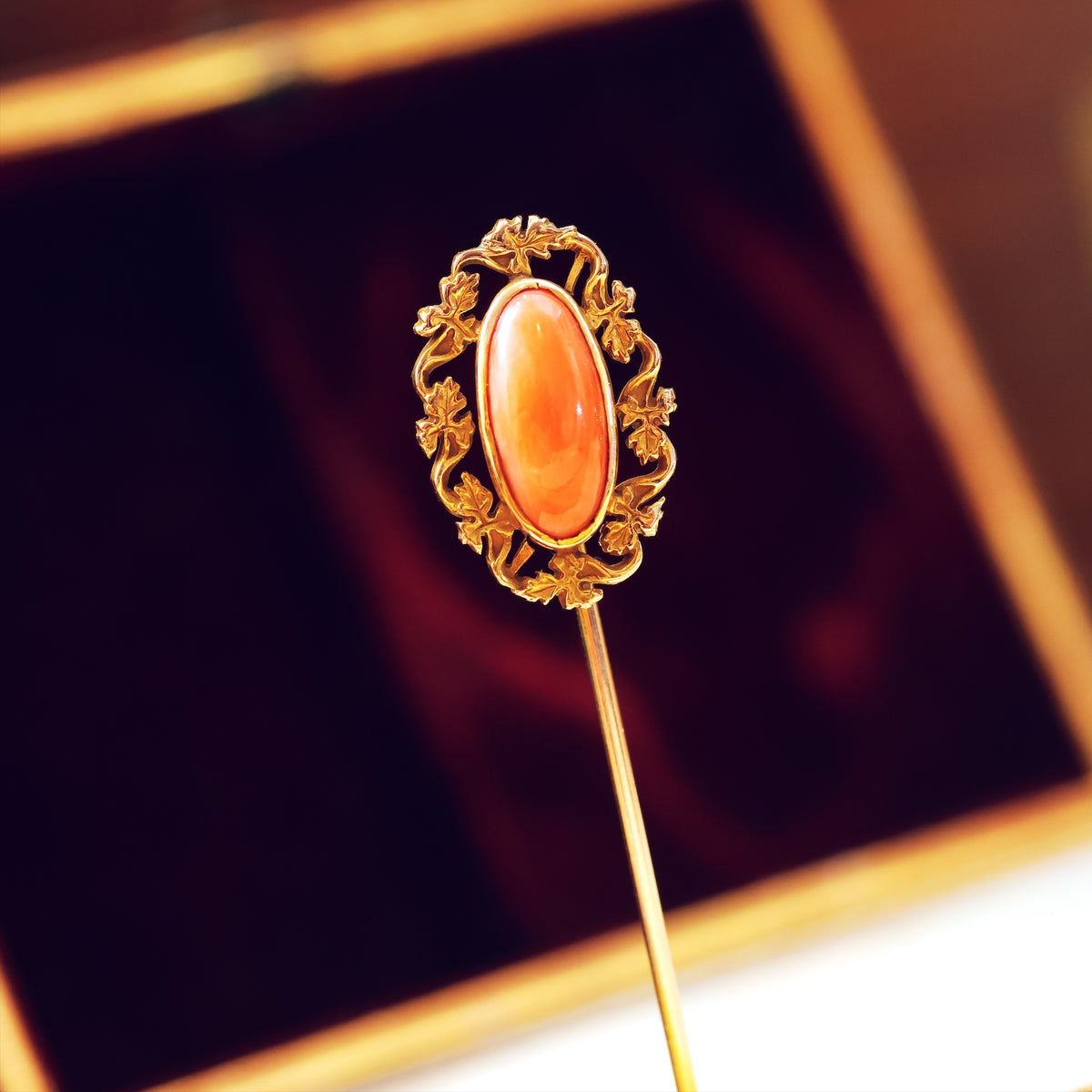 Gorgeous Antique Floriate Coral & Gold Stick Pin