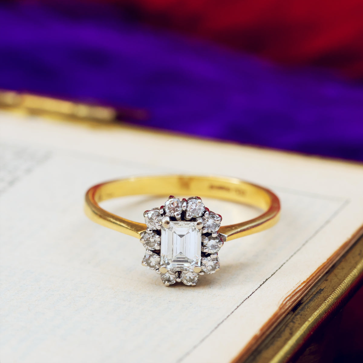 Date 1990 Emerald-Cut Diamond Cluster Engagement Ring