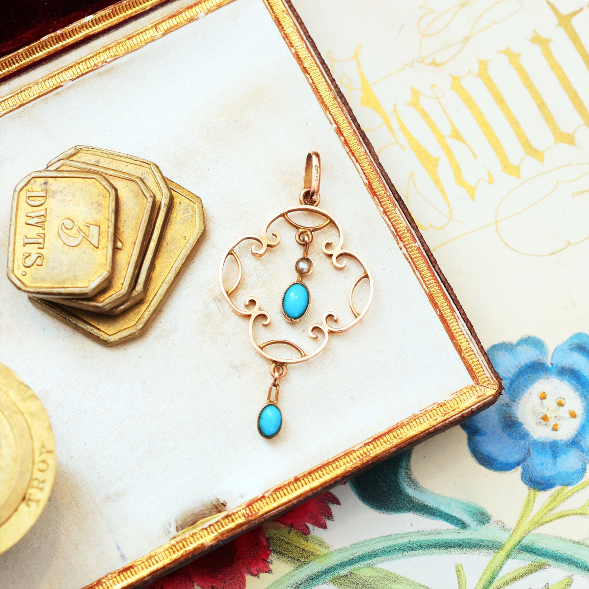 Antique 9ct Gold Turquoise & Seed Pearl Pendant