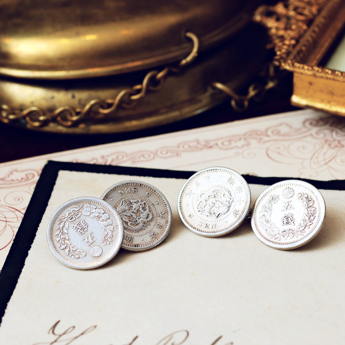 Date 1873 Japanese Five Sen Silver Coin Cufflinks