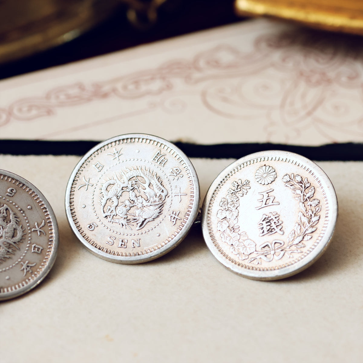 Date 1873 Japanese Five Sen Silver Coin Cufflinks