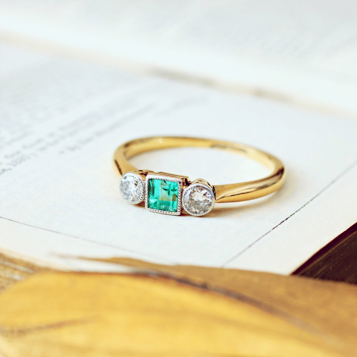 Vintage Emerald & Diamond Trilogy Engagement Ring