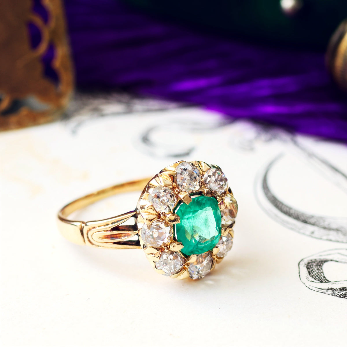 Splendid Antique Emerald & Diamond Engagement Ring