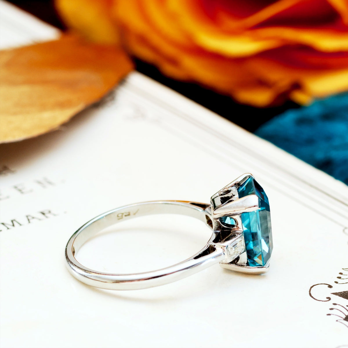 Vintage Blue Zircon & Diamond Platinum Ring