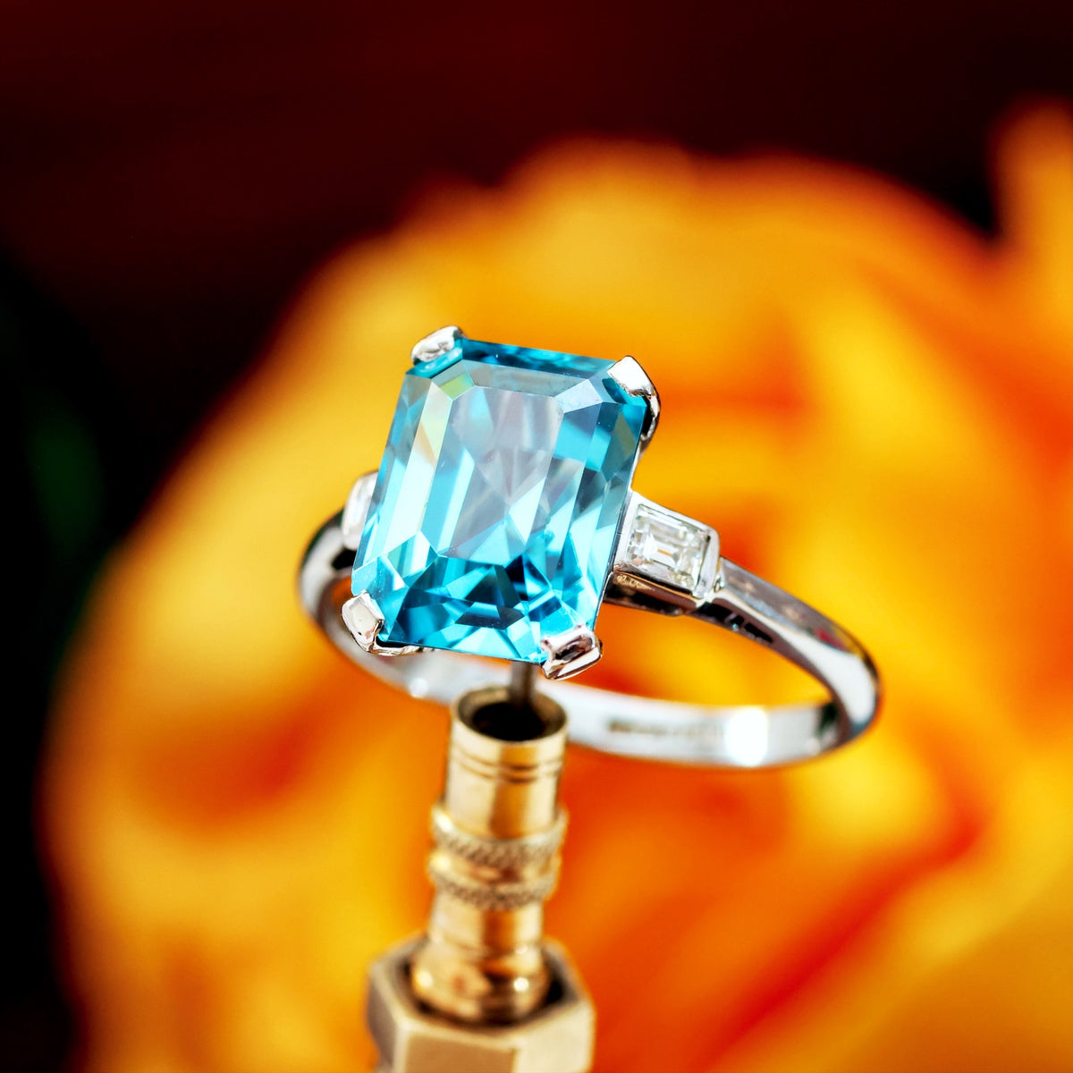 Vintage Blue Zircon & Diamond Platinum Ring