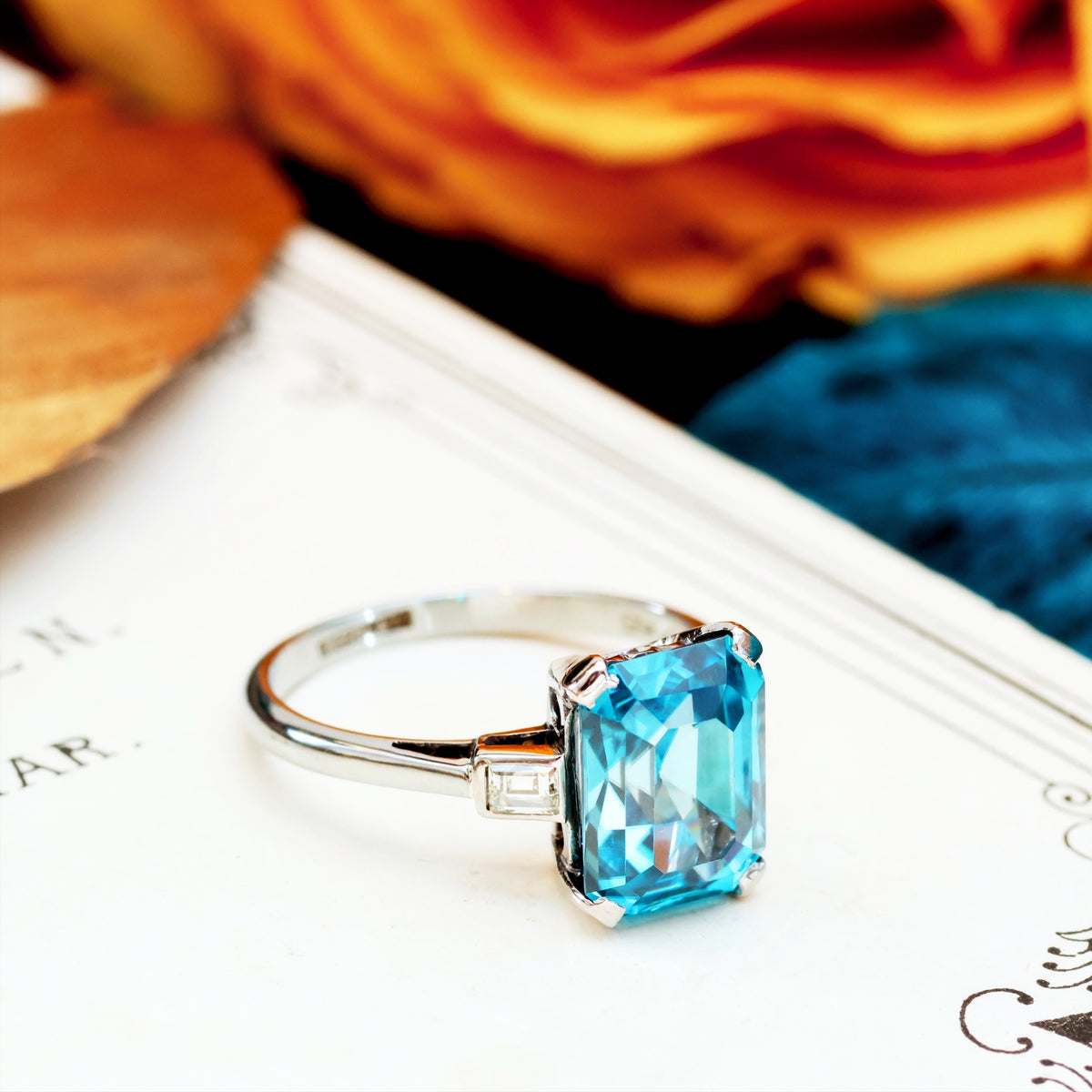 Vintage Blue Zircon & Diamond Platinum Ring