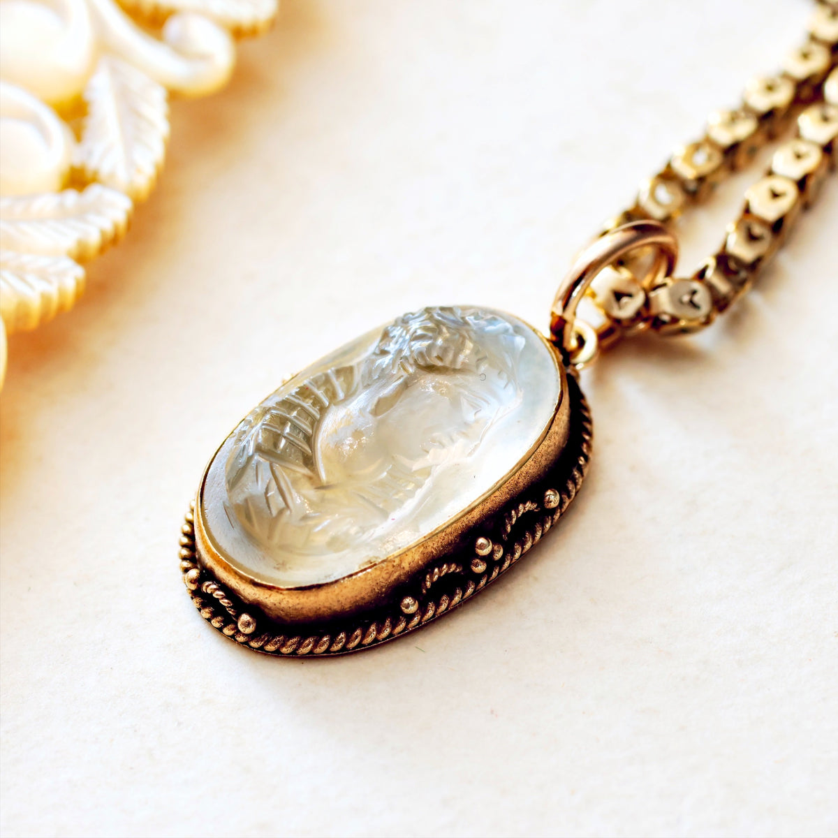 Etruscan Revival Moonstone Goddess Cameo Pendant