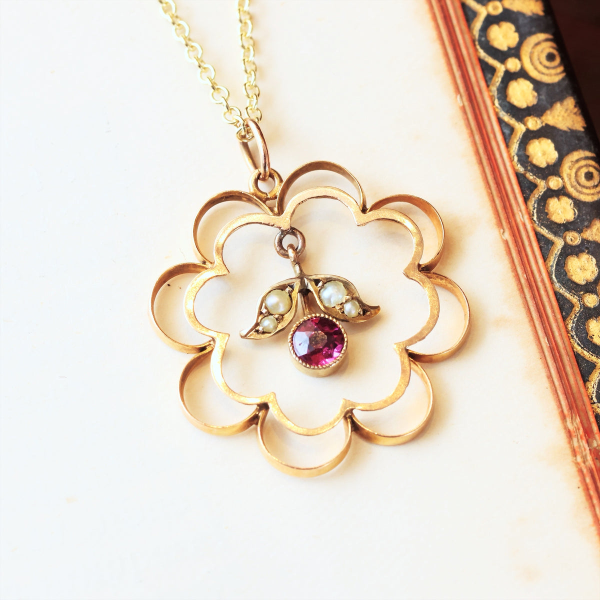 Antique Edwardian Pink Garnet & Gold Pendant