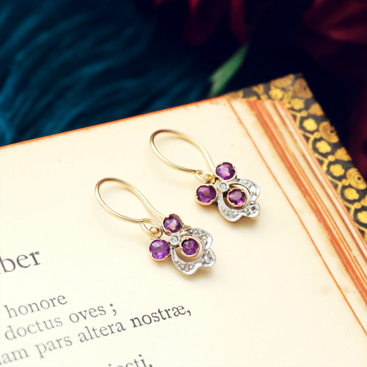 Pretty Antique Amethyst & Diamond Pansy Earrings