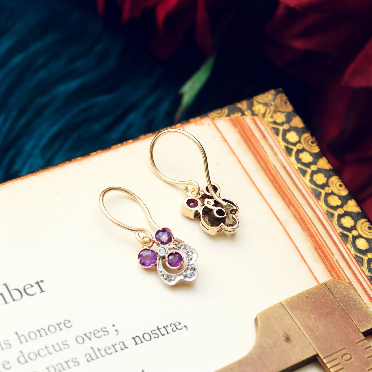 Pretty Antique Amethyst & Diamond Pansy Earrings