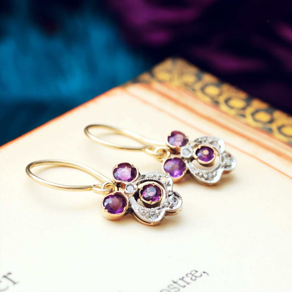 Pretty Antique Amethyst & Diamond Pansy Earrings