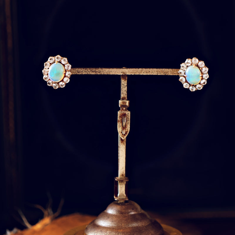 Vintage Opal & White Zircon Stud Earrings