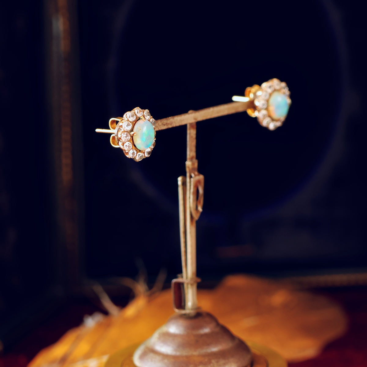 Vintage Opal & White Zircon Stud Earrings