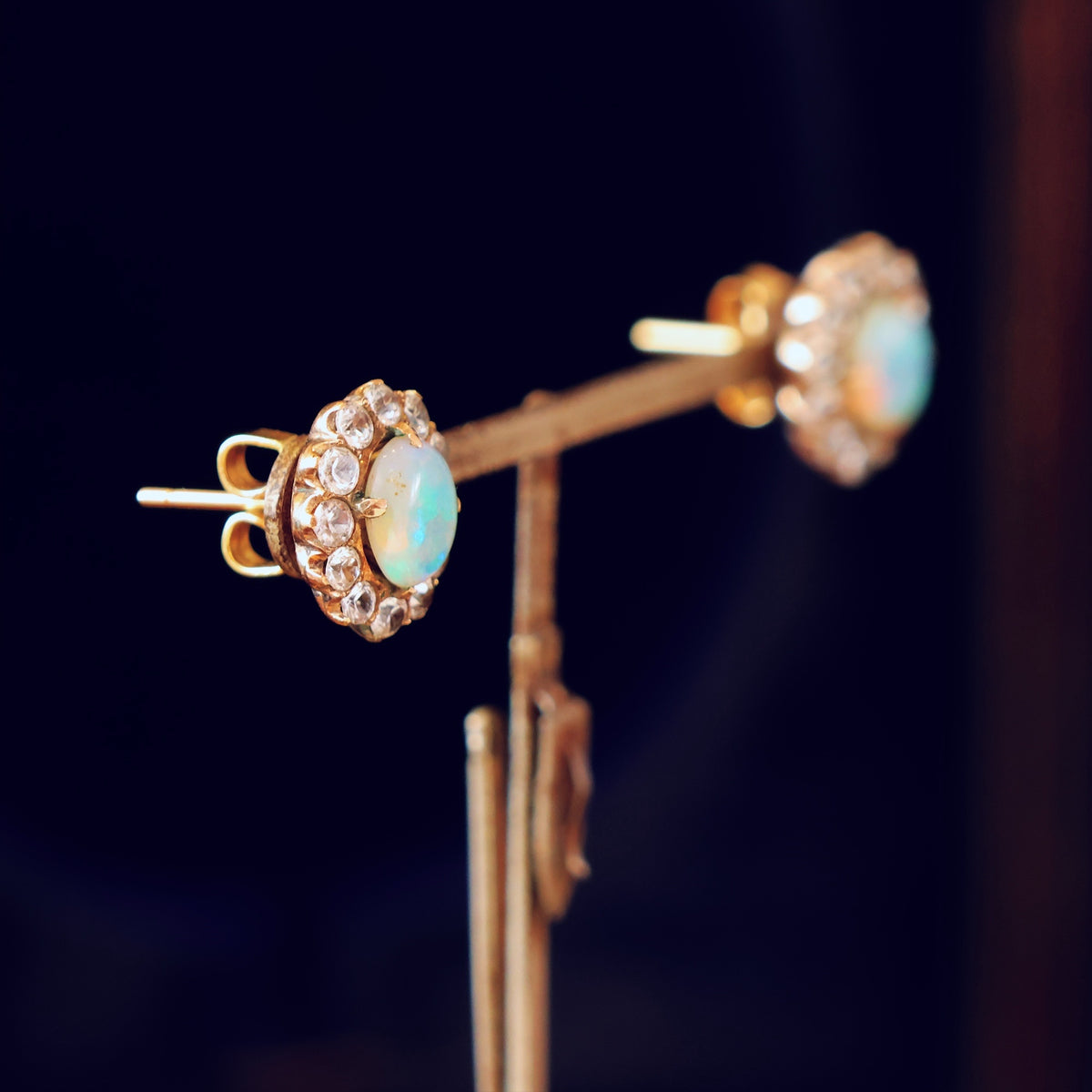 Vintage Opal & White Zircon Stud Earrings