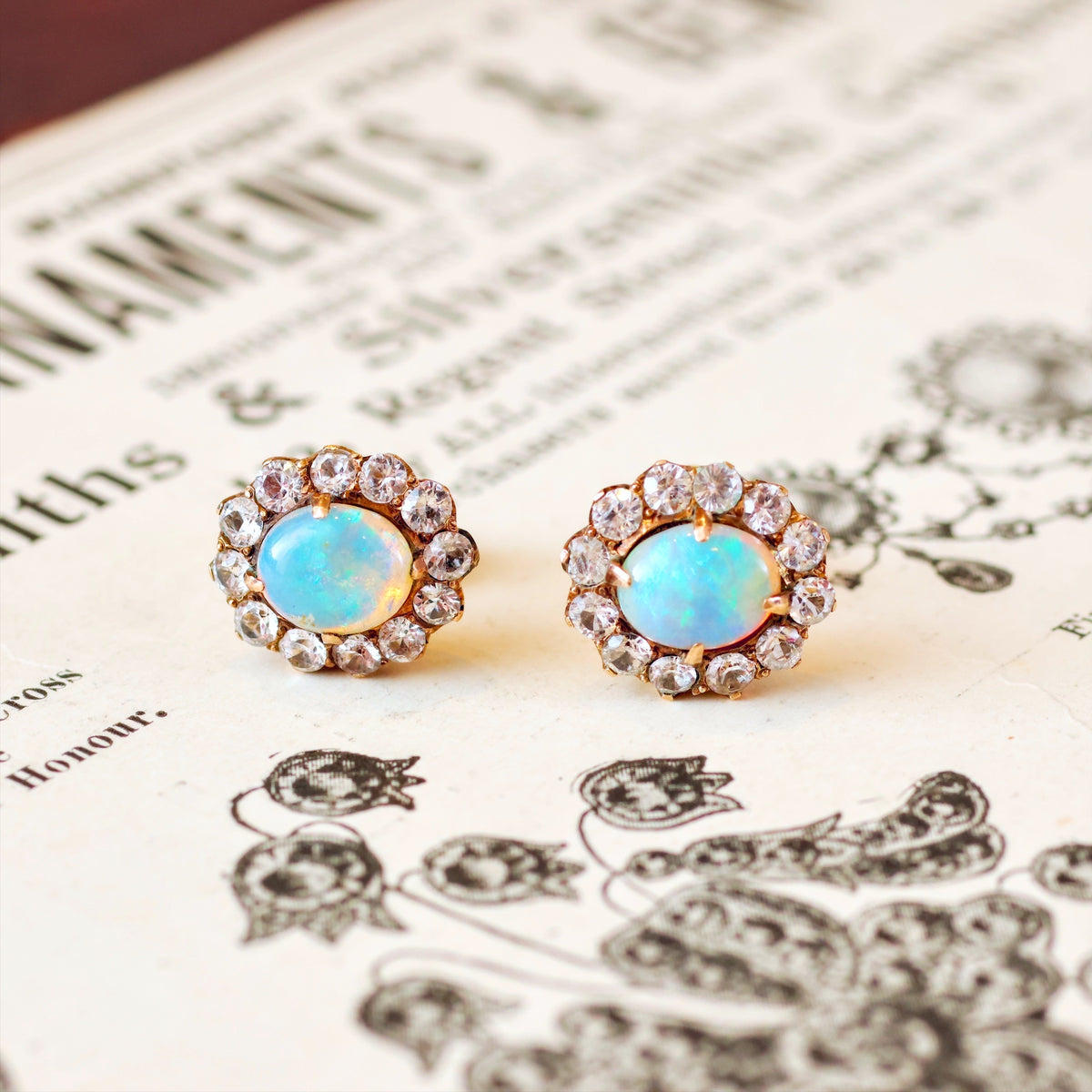 Vintage Opal & White Zircon Stud Earrings