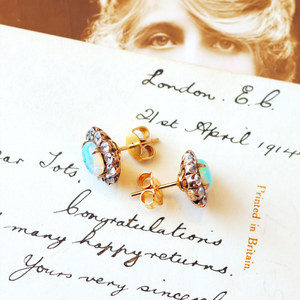 Vintage Opal & White Zircon Stud Earrings