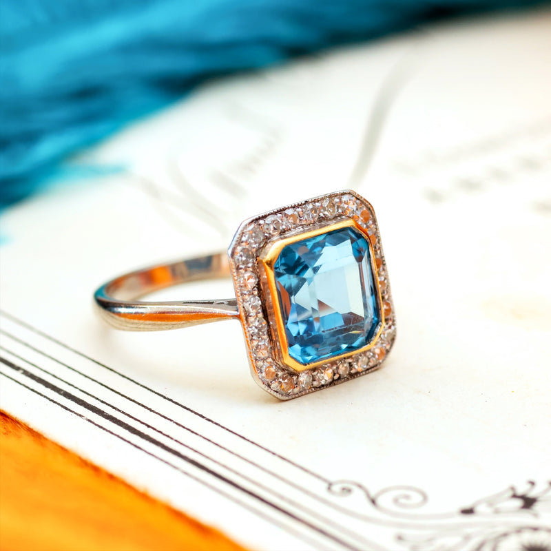 Vintage Art Deco Blue Topaz & Diamond Ring