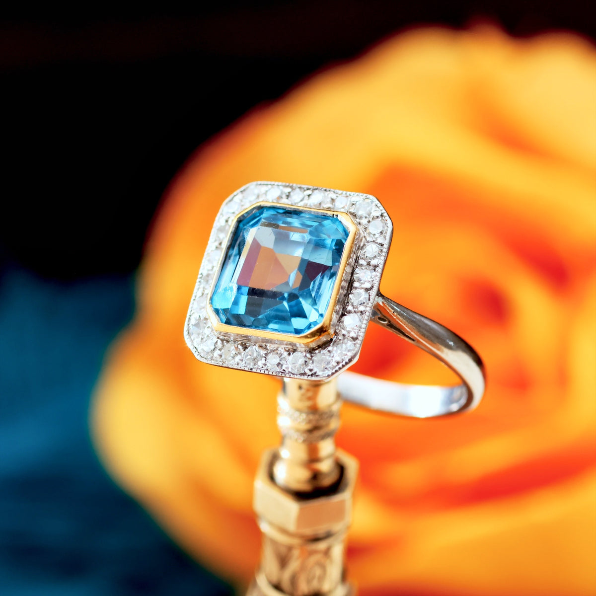 Sensational Vintage Art Deco Blue Topaz & Diamond Ring