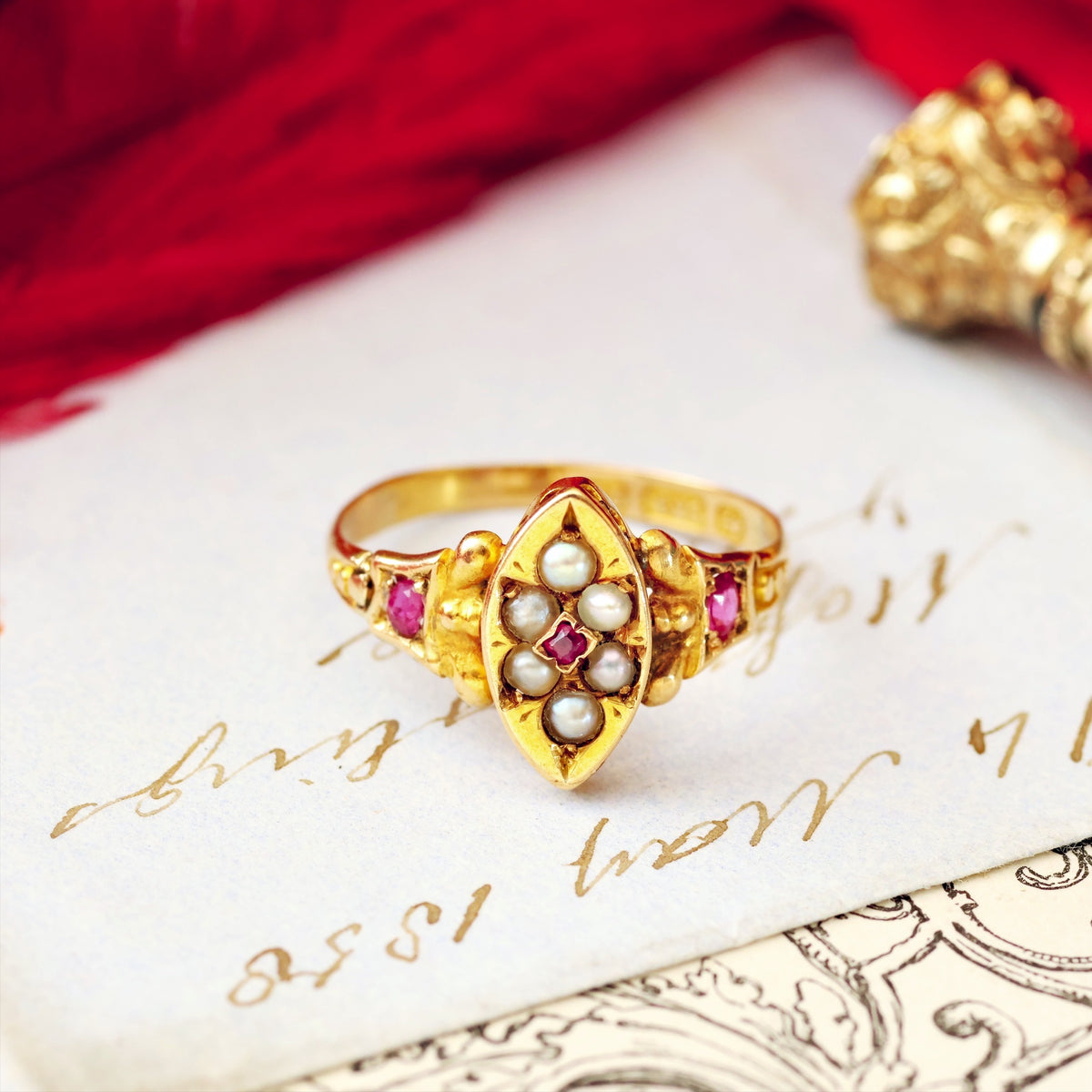 Antique 15ct Gold Pink Ruby & Wild Pearl Ring