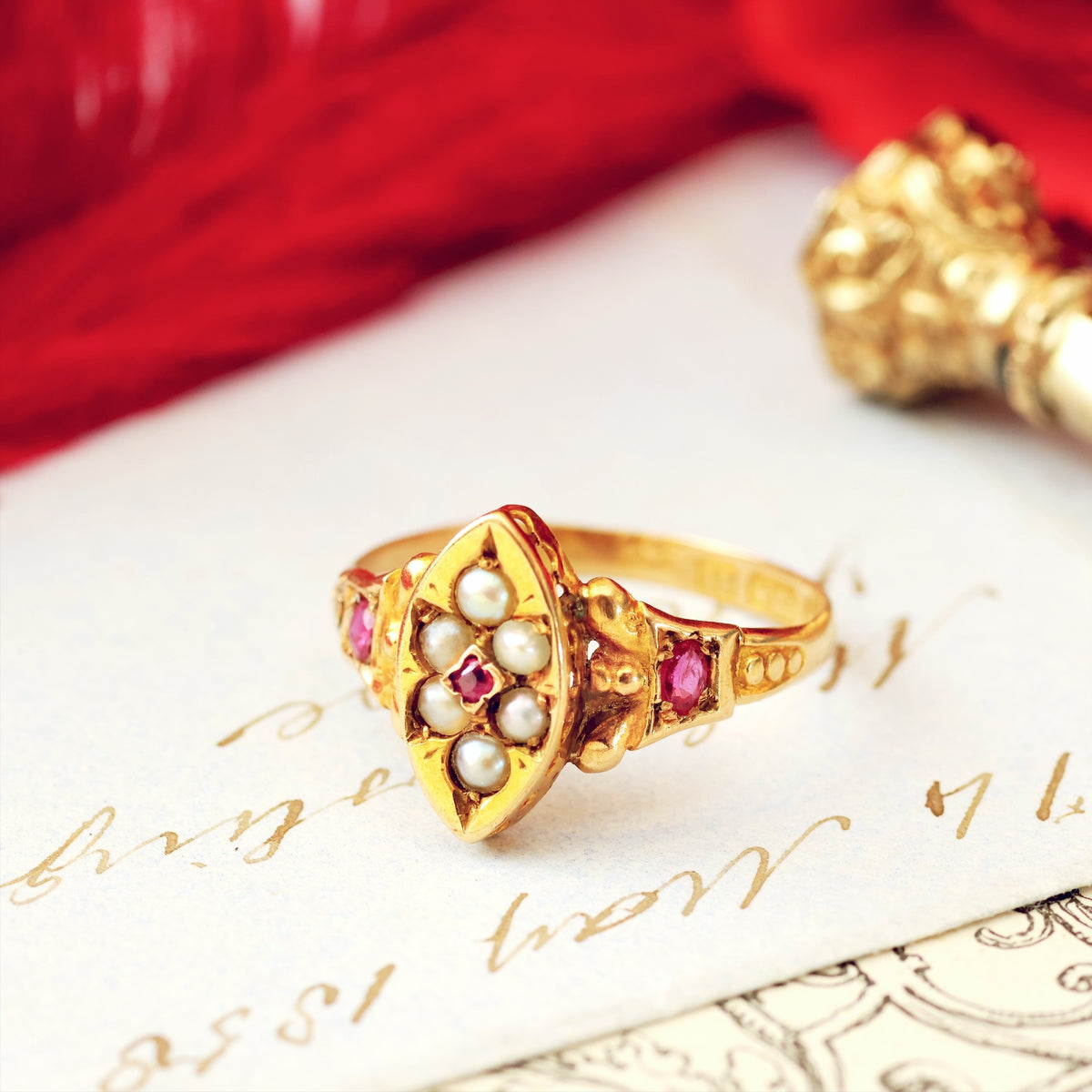 Antique 15ct Gold Pink Ruby & Wild Pearl Ring