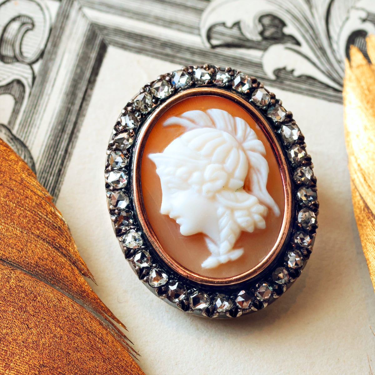 Antique Victorian Goddess Athena Shell Cameo & Diamond Brooch