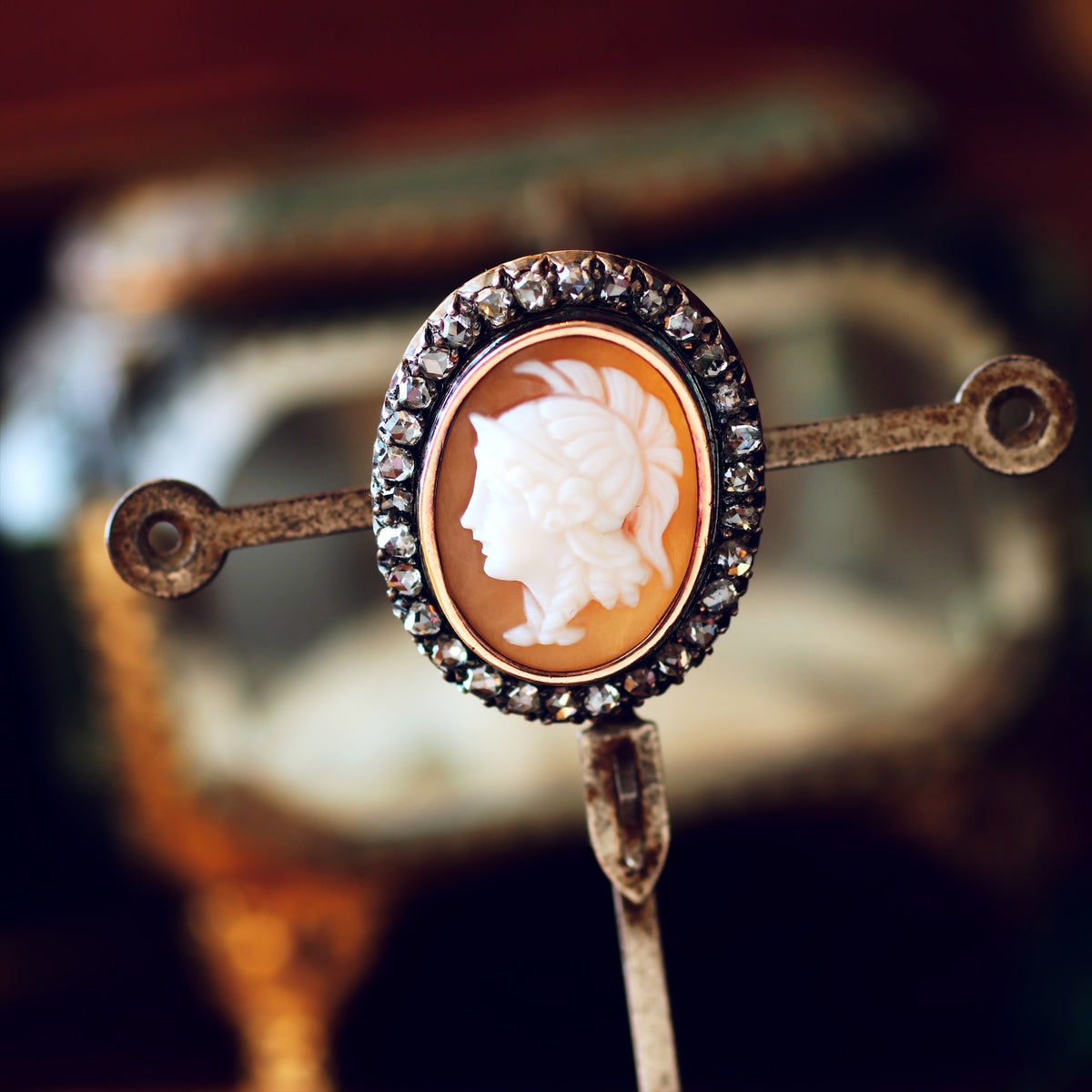 Antique Victorian Goddess Athena Shell Cameo & Diamond Brooch