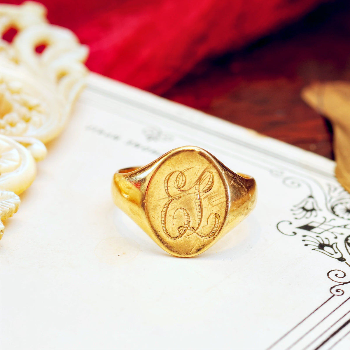 Antique 18ct Gold Hand Engraved 'EL' Signet Ring