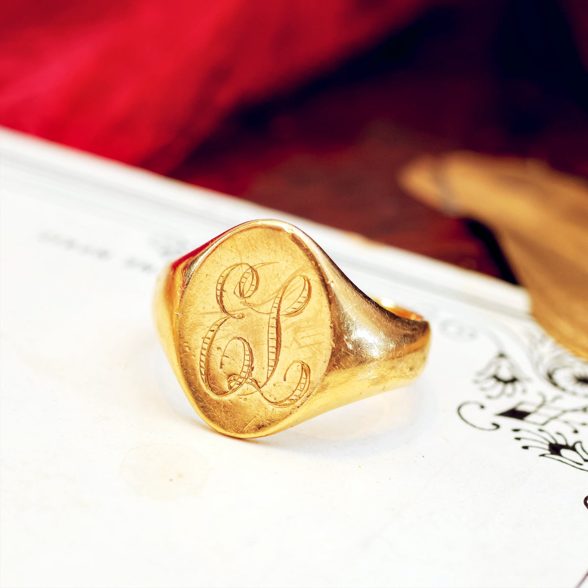 Antique 18ct Gold Hand Engraved 'EL' Signet Ring