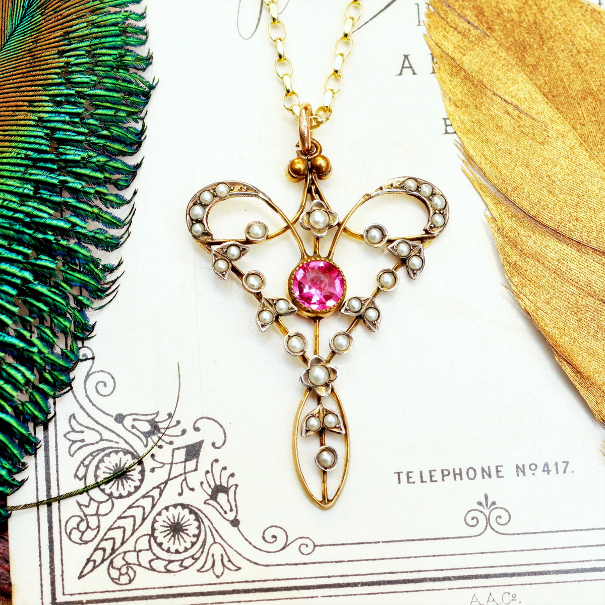 Edwardian Seed Pearl & Pink Paste Pendant & Chain