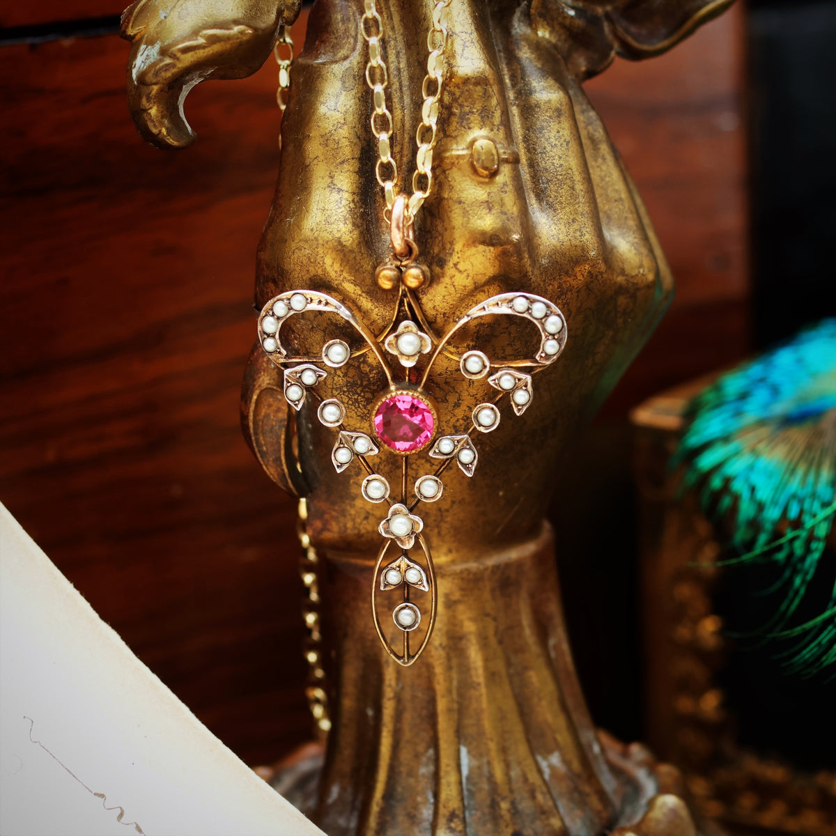 Edwardian Seed Pearl & Pink Paste Pendant & Chain