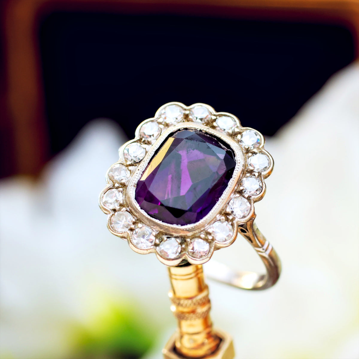 Finest Vintage Amethyst & Diamond Cluster Dress Ring