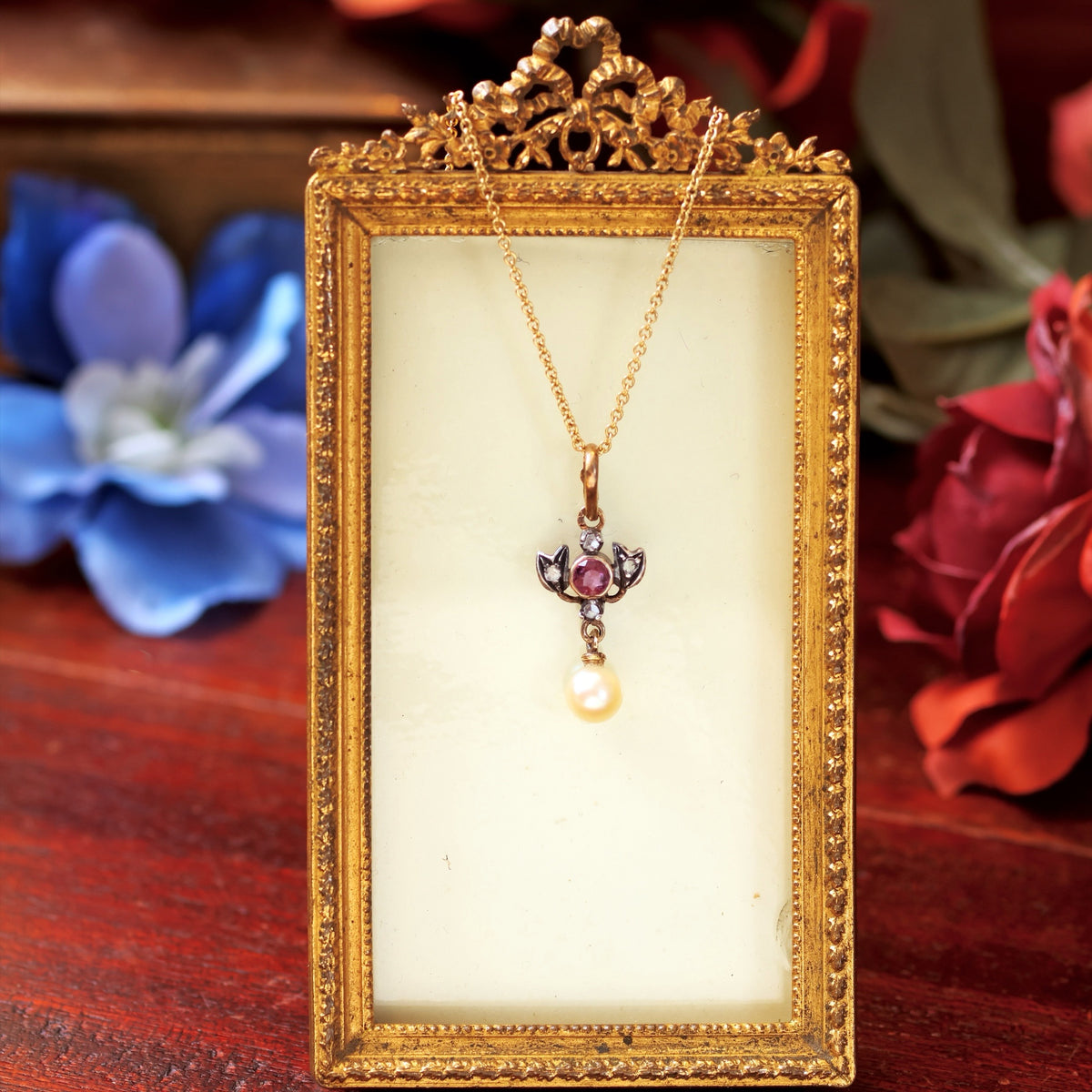 Antique Prettiness! Ruby, Diamond & Pearl Pendant