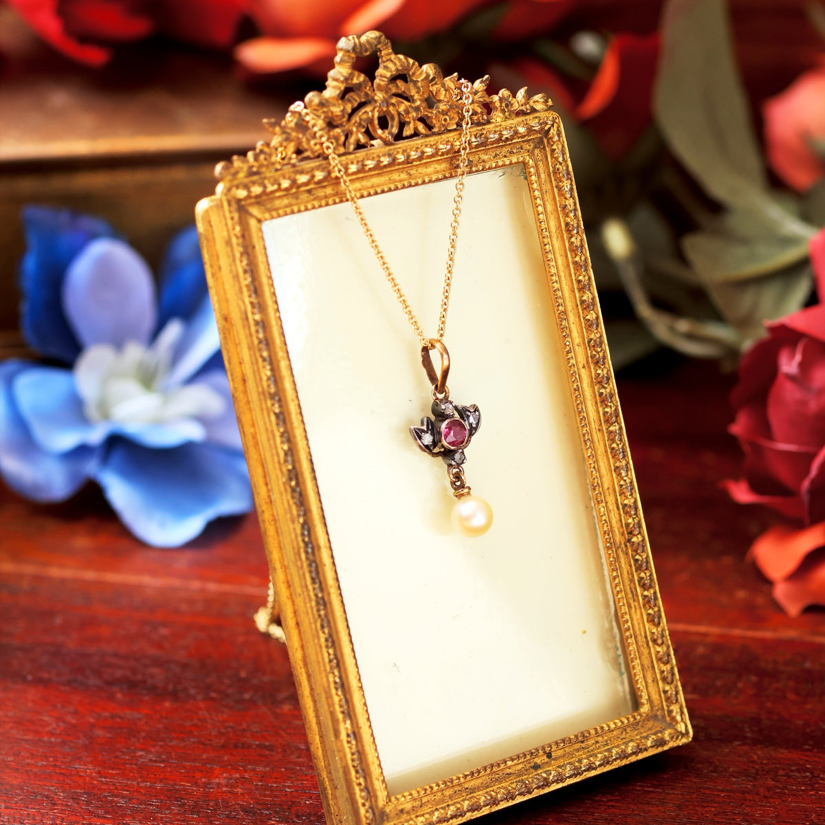 Antique Prettiness! Ruby, Diamond & Pearl Pendant