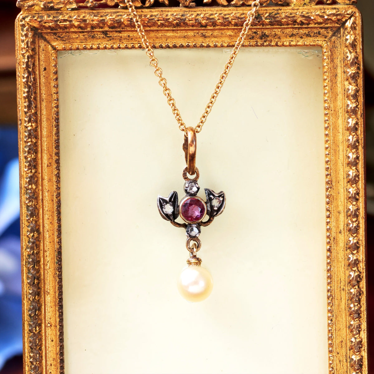 Antique Prettiness! Ruby, Diamond & Pearl Pendant