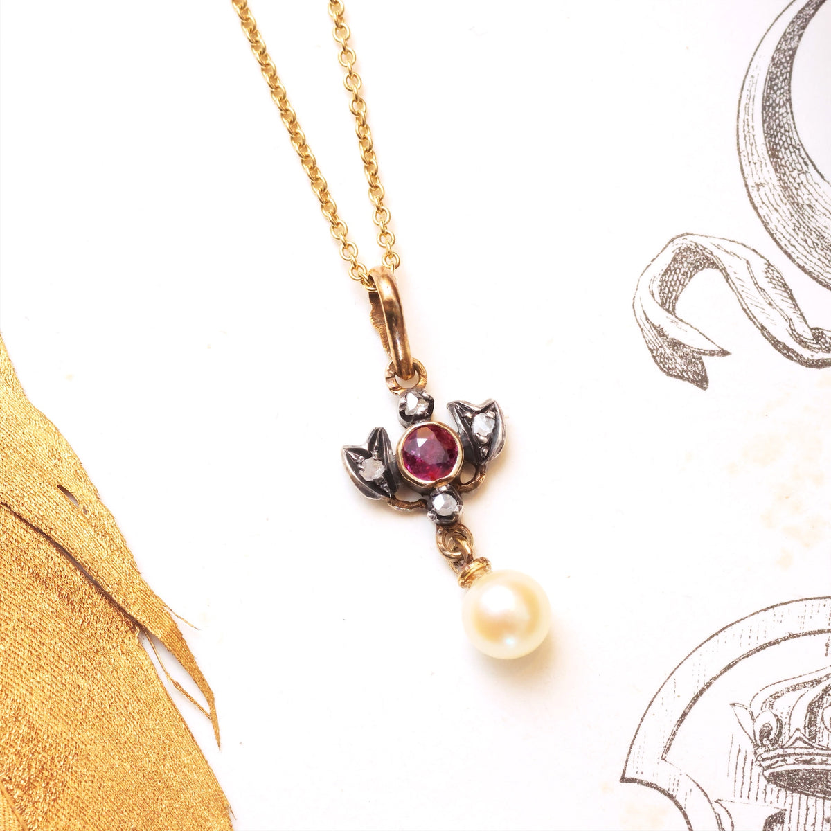 Antique Prettiness! Ruby, Diamond & Pearl Pendant