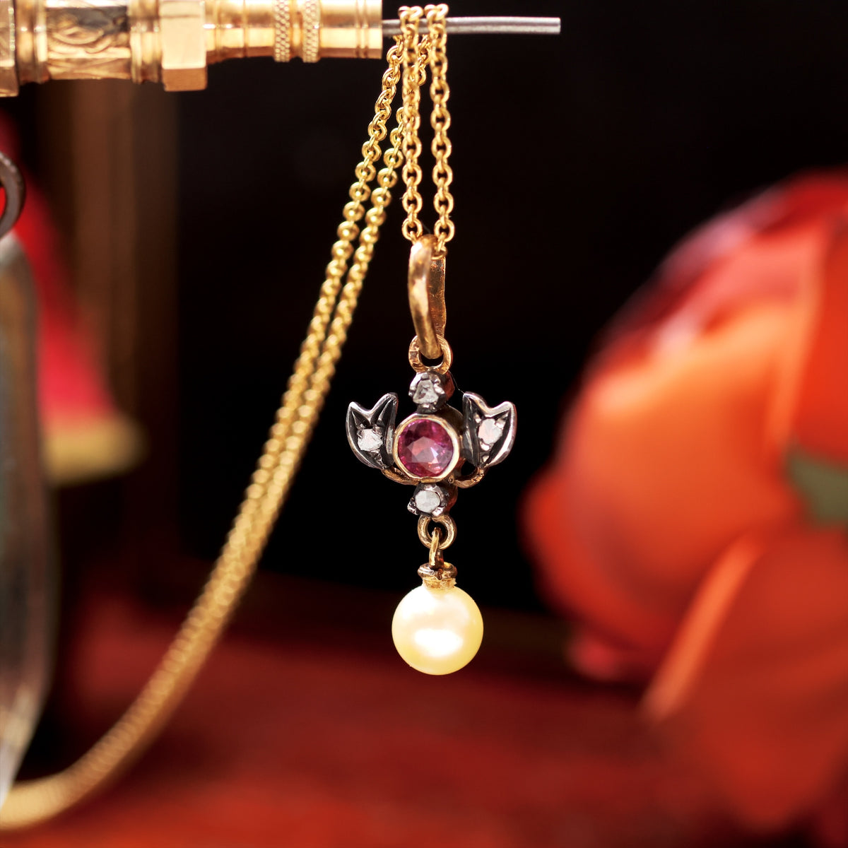 Ruby, Diamond & Pearl Pendant with 18ct Gold Chain