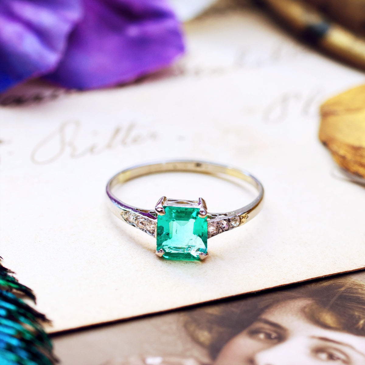 Unique Hand Crafted Vintage Emerald & Diamond Ring