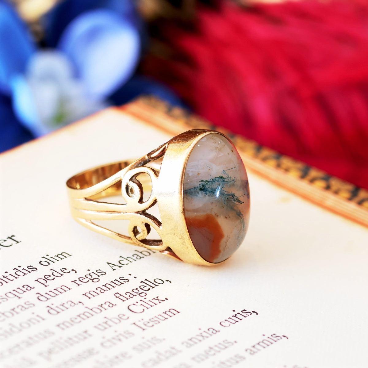 Hand Crafted Date 1977 Moss Agate Dress Ring