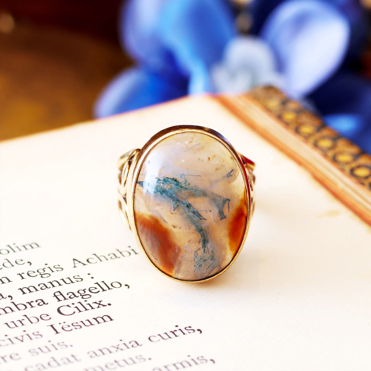 Hand Crafted Date 1977 Moss Agate Dress Ring