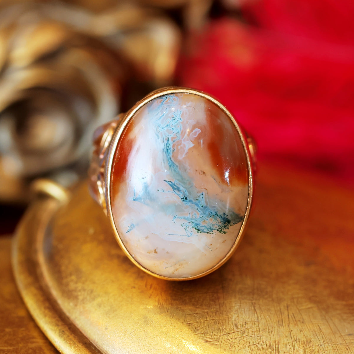 Hand Crafted Date 1977 Moss Agate Dress Ring