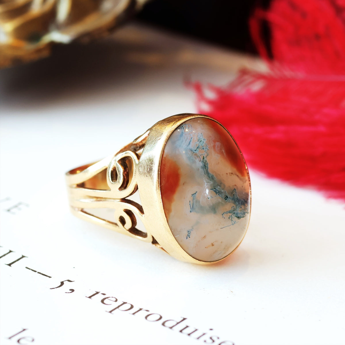 Hand Crafted Date 1977 Moss Agate Dress Ring