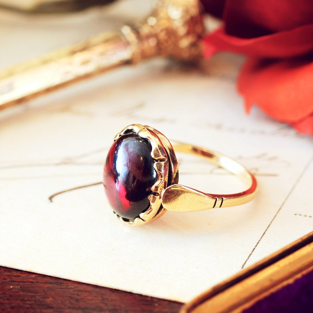 `Antique 14ct Gold Cabochon Garnet Ring