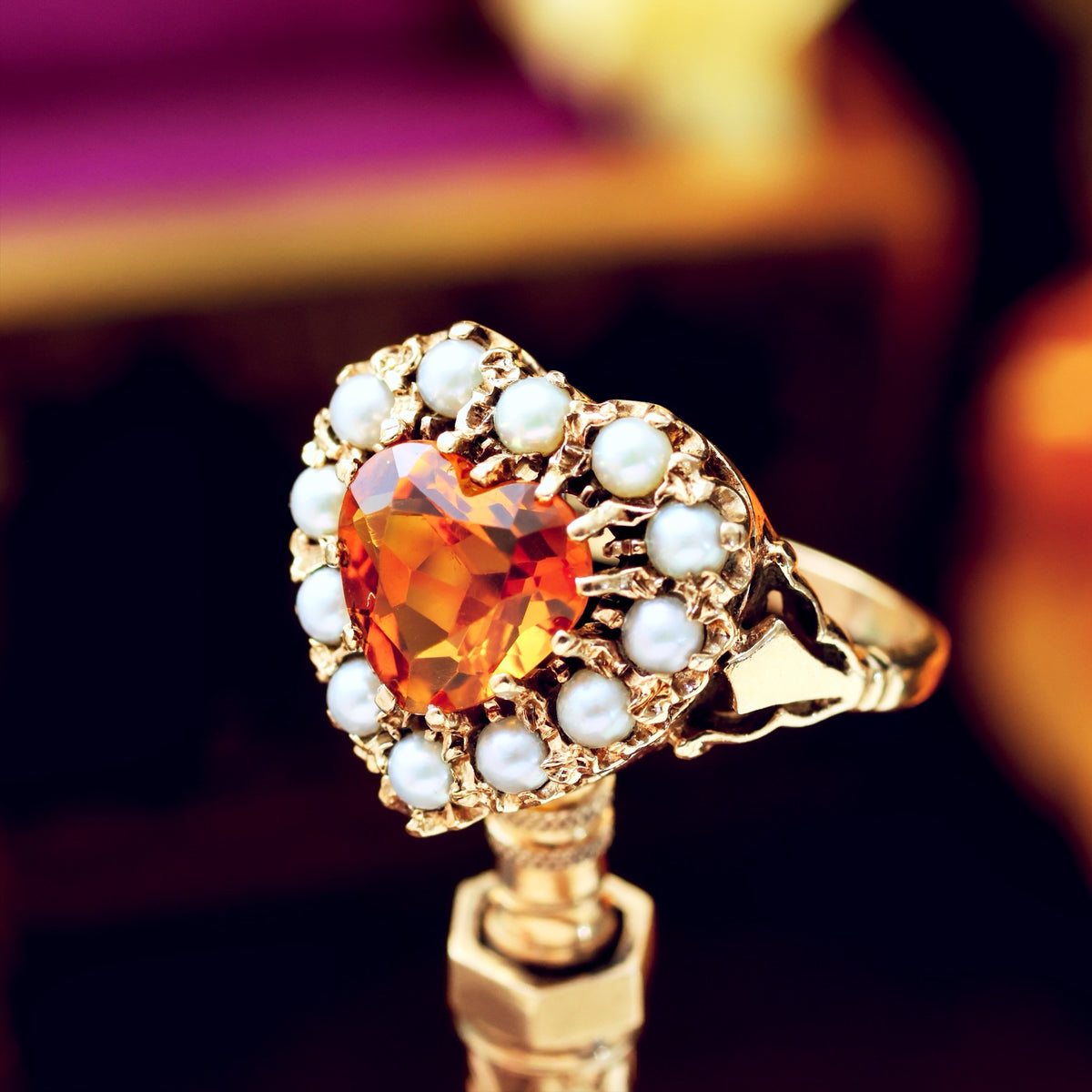 Vintage Heart Shaped Citrine & Pearl Cocktail Ring