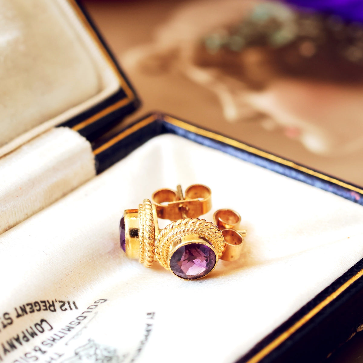 Date 1978 9CT Gold Amethyst Stud Earrings