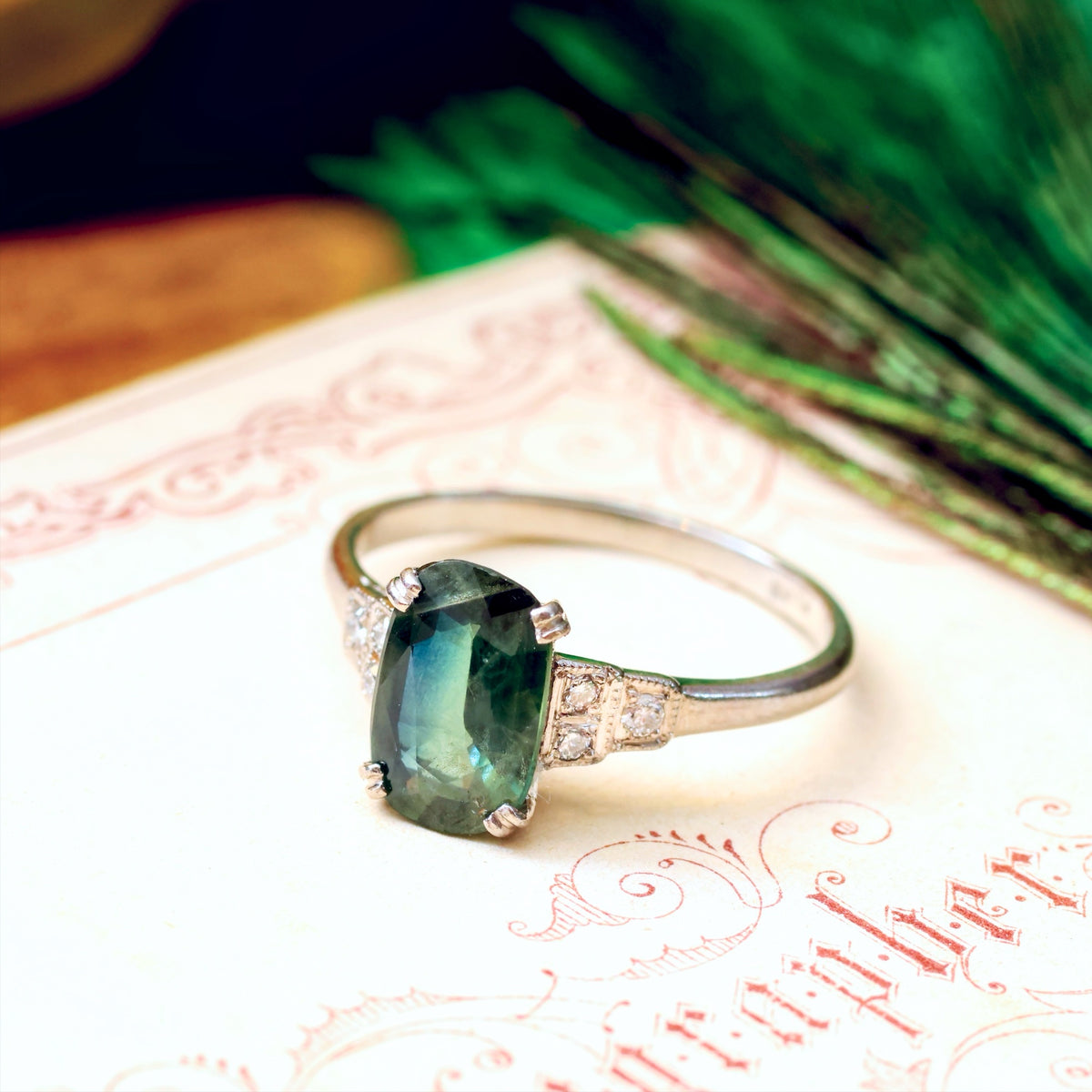 Vintage Platinum Green Tourmaline & Diamond Ring