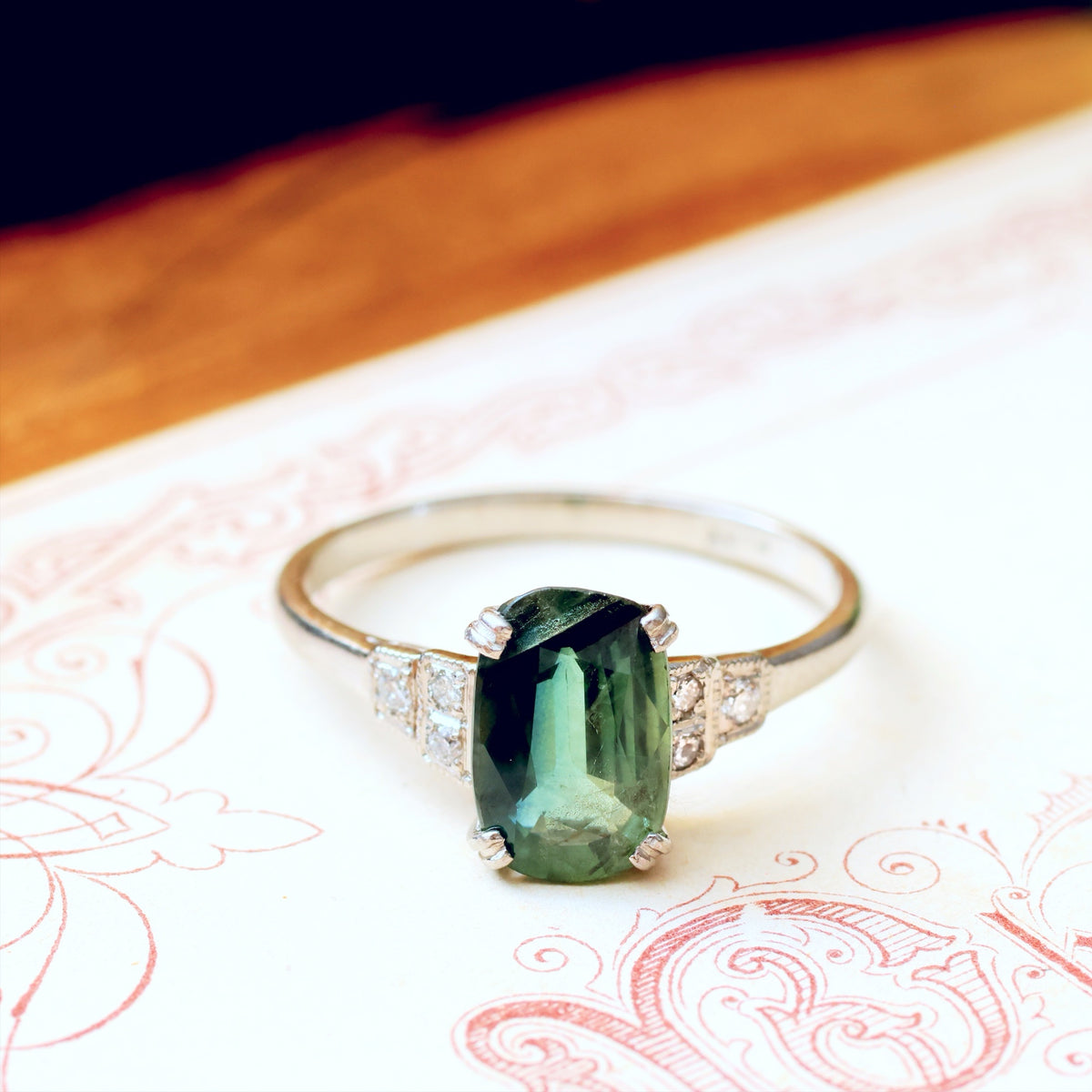 Art Deco Platinum Green Tourmaline & Diamond Ring