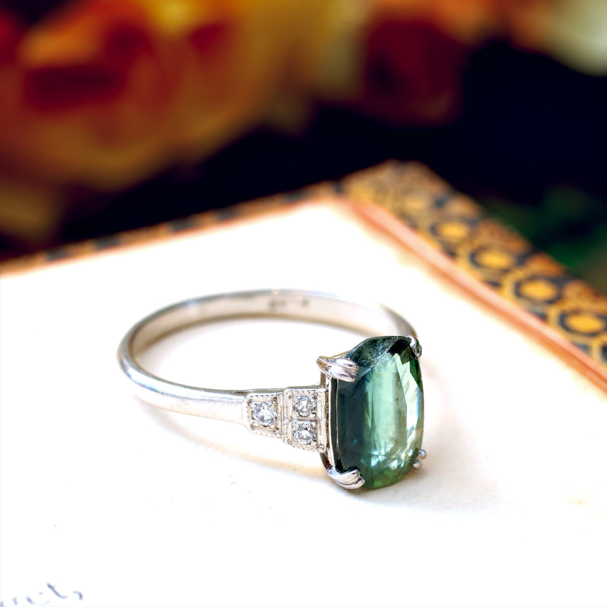 Art Deco Platinum Green Tourmaline & Diamond Ring